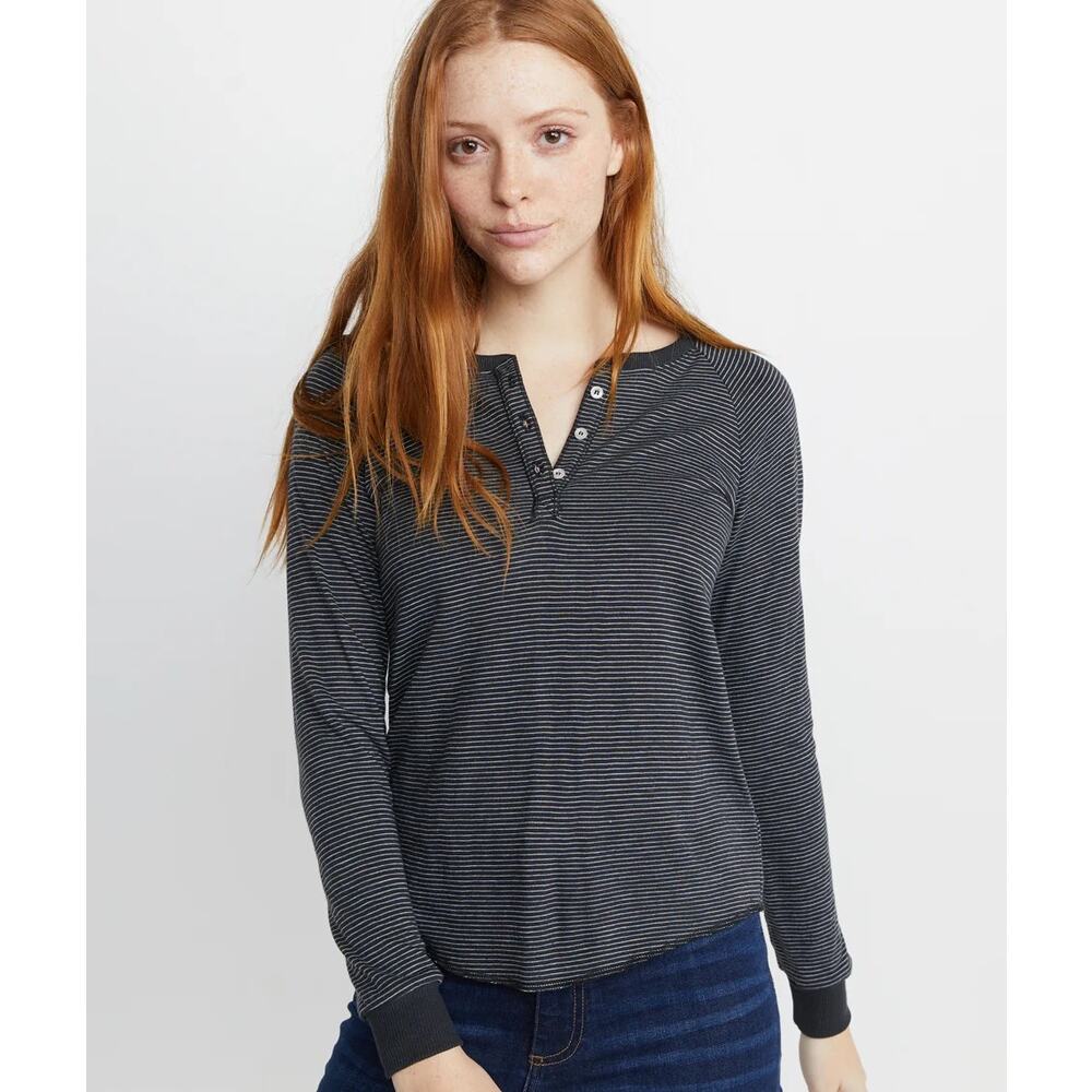 NWT Marine Layer Sz XS Double Knit Carter Henley Black White Stripe Shirt L/S